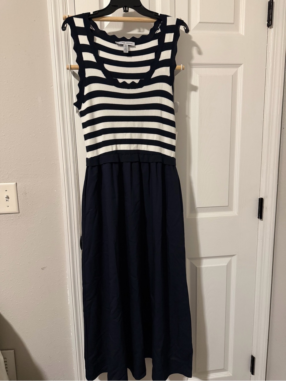 Ellen Tracy Navy & White Striped Sleeveless Midi Dress